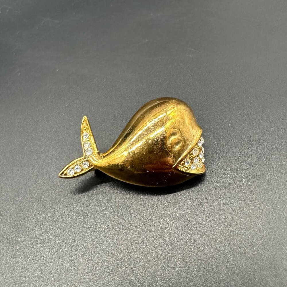 Vintage Brooch Pin Gold Tone Whale Rhinestones Kitschy Fish Smile Nautical Beach
